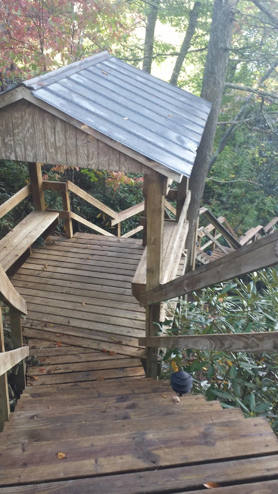 Metal roofed shelter over wooden steps on a wooded walkway — Skylight Repair & Installation work by our crew in Osburn